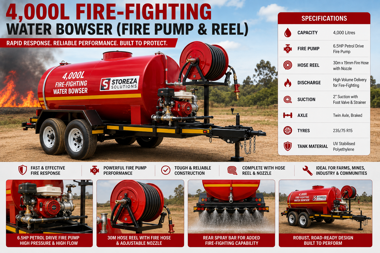 4,000L Fire Fighting Water Bowser (Fire Pump & Reel)