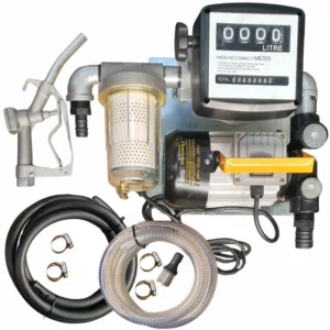60lt Flowpump – 220v Diesel pump kit with transparent dirt filter – Fully assembled on wall-mount plate xe2x80x94 product photo